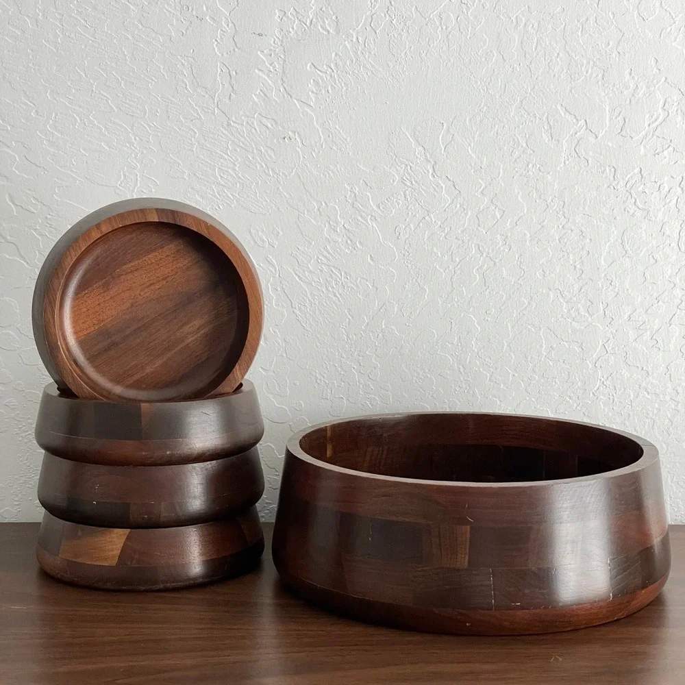 Vintage‎ Mid-Century Real Walnut Wooden Salad Bowl Set Vermillion MCM